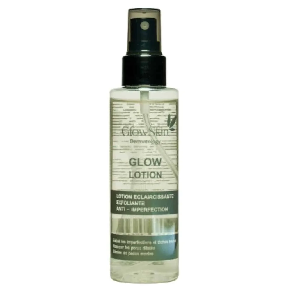 glowskin-dermatology-glow-lotion-eclaircissante-exfoliante-125ml.jpg Flacon spray transparent GlowSkin Dermatology Glow Lotion sur fond blanc