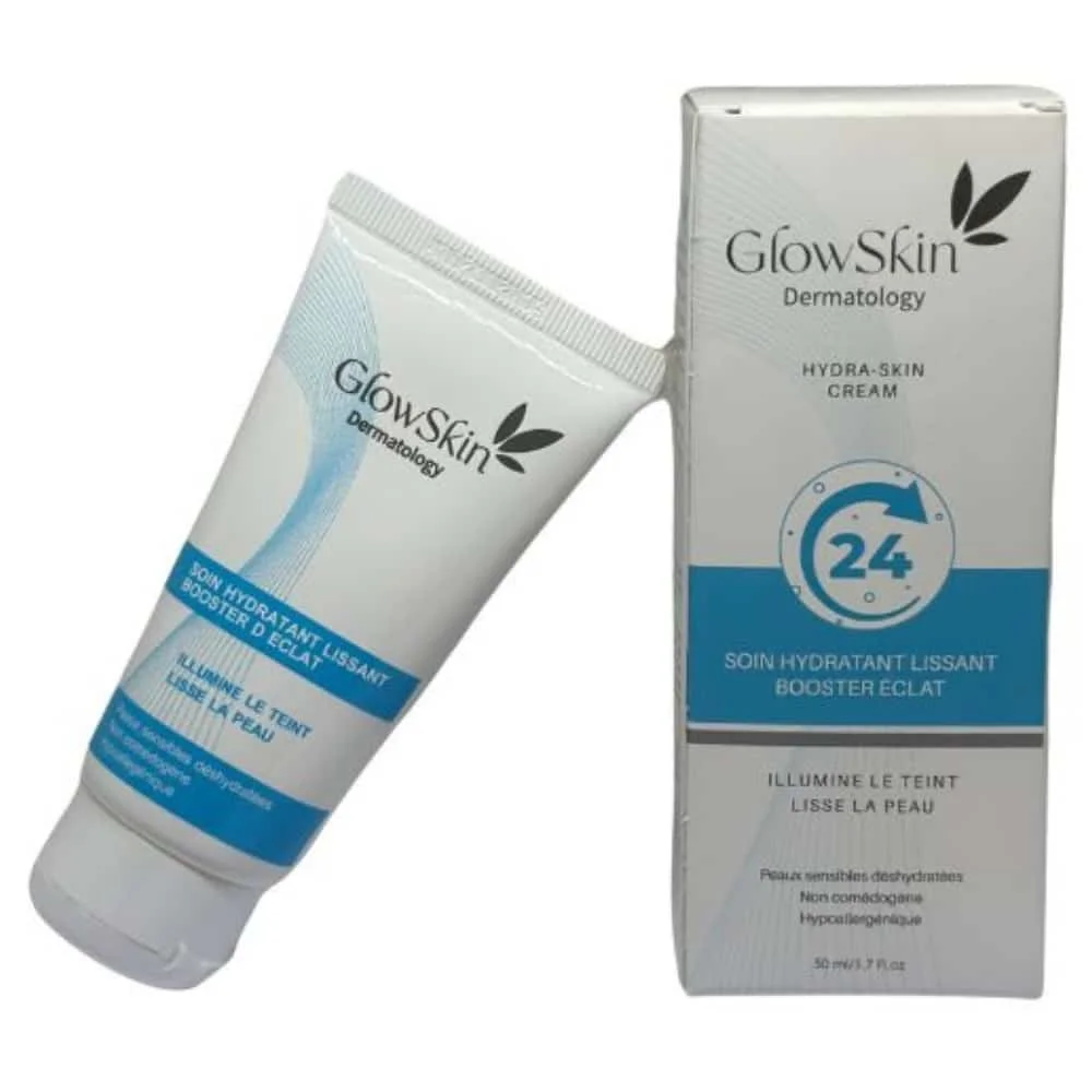 glowskin-dermatology-soin-hydratant-lissant-booster-eclat-40ml.jpg Tube blanc et bleu GlowSkin Dermatology avec son étui Hydra-Skin