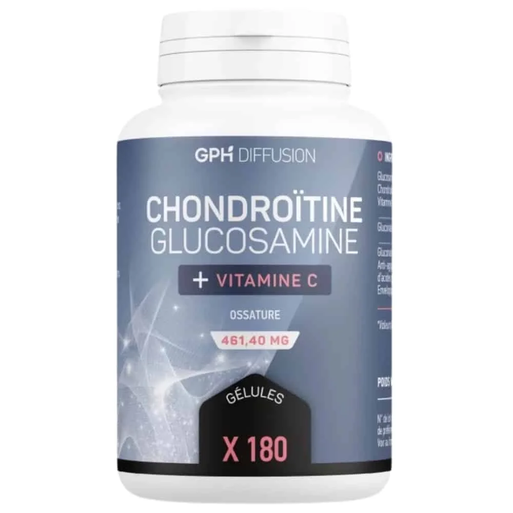 gph-diffusion-chondroitine-glucosamine-vitamine-c-ossature-46140mg-180-gelules.jpg Flacon gris-bleu Chondroïtine Glucosamine GPH Diffusion avec étiquette à motif réseau