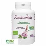 Flacon blanc Desmodium Bio GPH Diffusion avec fleurs violettes illustrées et logo bio
