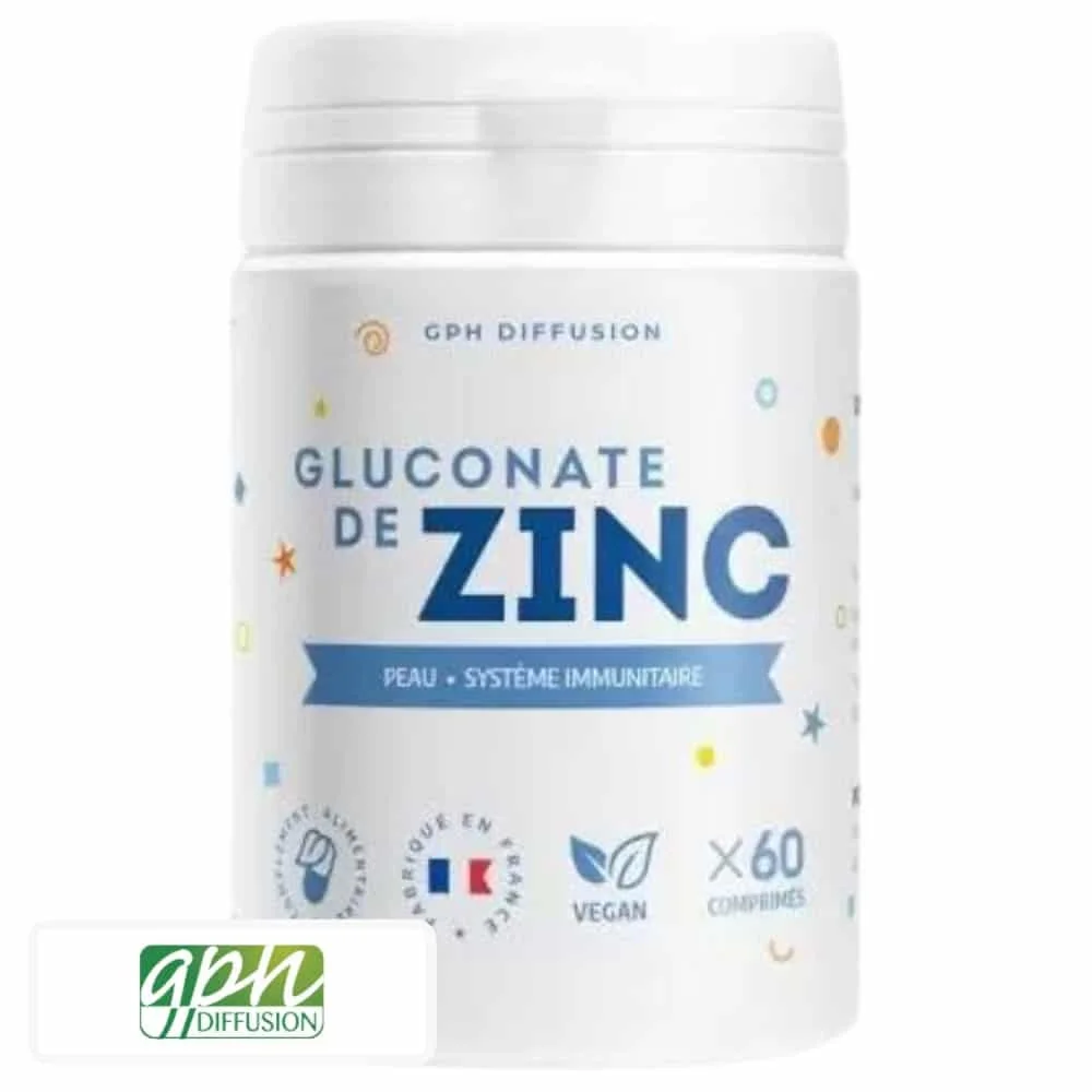 gph-diffusion-gluconate-de-zinc-60-comprimes.jpg Flacon blanc Gluconate de Zinc GPH Diffusion avec motifs colorés et mention vegan