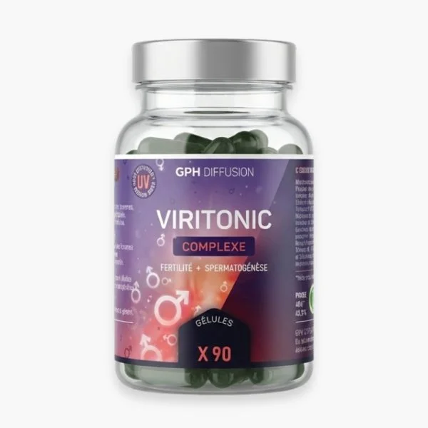 Flacon GPH Diffusion Viritonic, gélules foncées visibles, étiquette violette 90 gélules