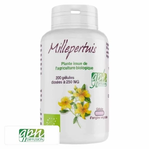 Flacon blanc Millepertuis Bio GPH Diffusion avec fleurs jaunes illustrées et logo bio