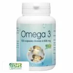 Flacon blanc Oméga 3 GPH Diffusion avec capsules dorées visibles en gros plan
