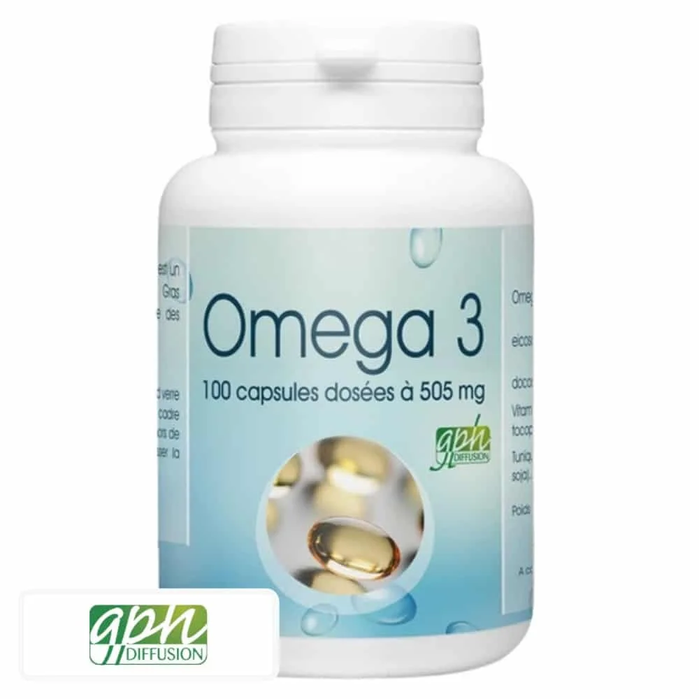 gph-diffusion-omega-3-505mg-200-capsules.jpg Flacon bleu clair Oméga 3 GPH Diffusion avec capsules dorées en gros plan