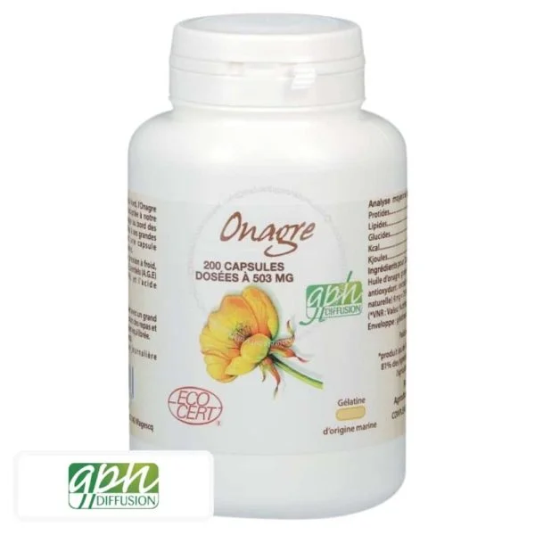Flacon blanc Onagre GPH Diffusion avec fleur jaune illustrée et logo Ecocert