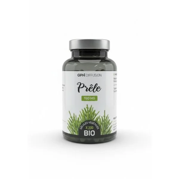 Flacon foncé Prêle Bio GPH Diffusion avec gélules vertes et bandeau bio visible