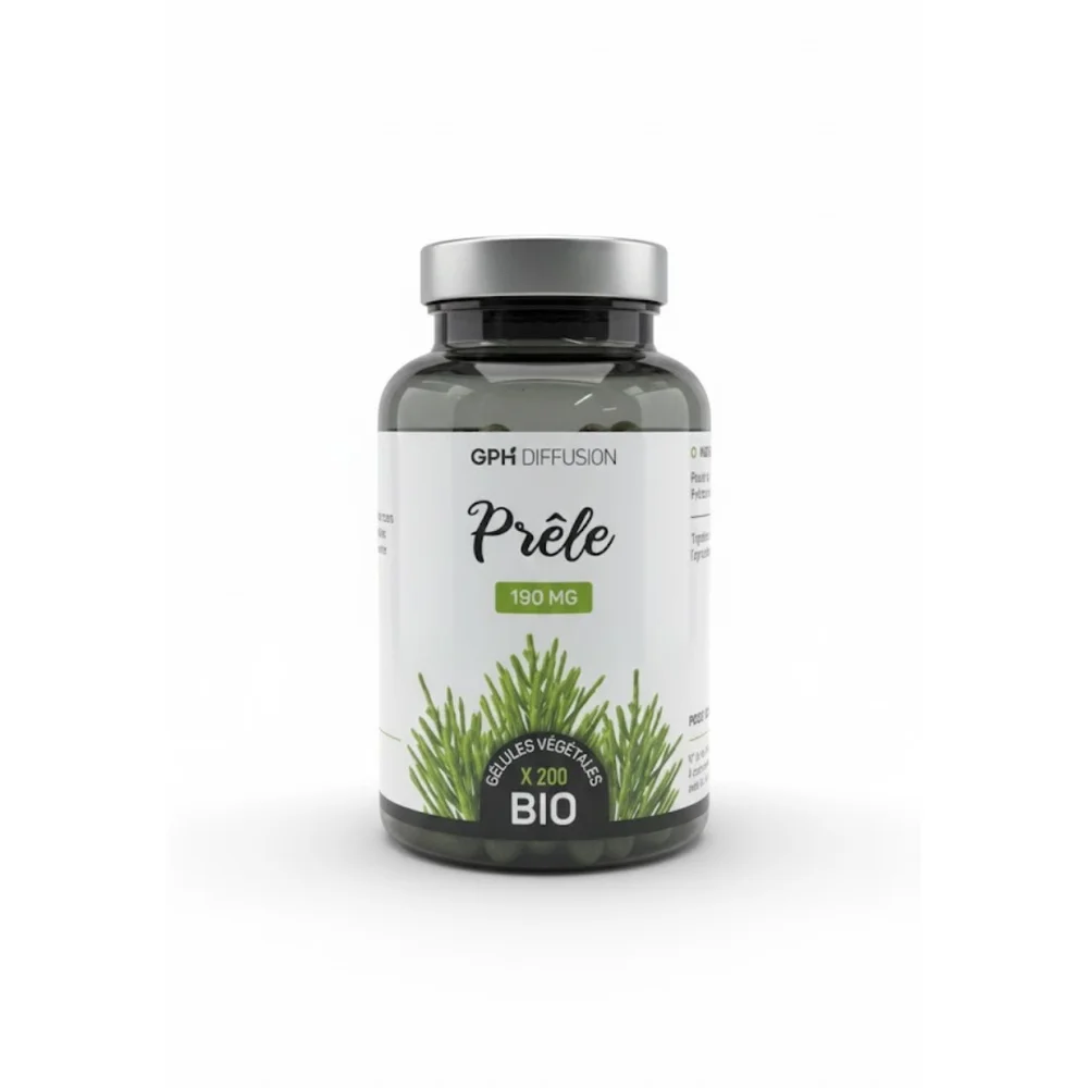 gph-diffusion-prele-bio-190mg-200-gelules.jpg Flacon foncé Prêle Bio GPH Diffusion avec gélules vertes et bandeau bio visible
