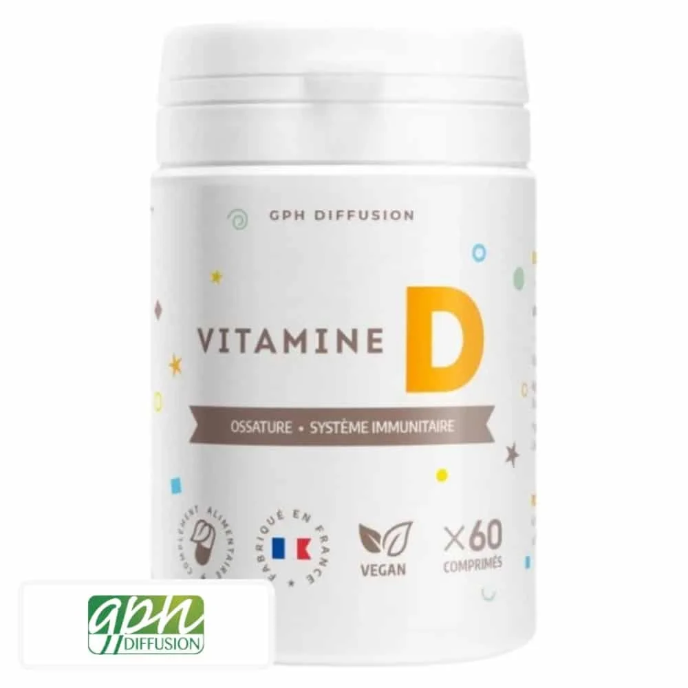 gph-diffusion-vitamine-d-60-capsules.jpg Flacon blanc GPH Diffusion Vitamine D, 60 comprimés vegan fabriqué en France