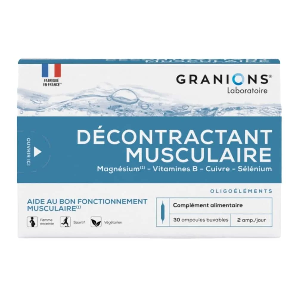 granions-decontractant-musculaire-ampoules-30u.jpg Boîte bleue et blanche Granions Décontractant Musculaire, 30 ampoules buvables