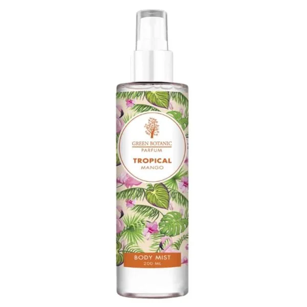 Flacon vaporisateur Green Botanic Tropical Mango body mist, décor feuillage tropical