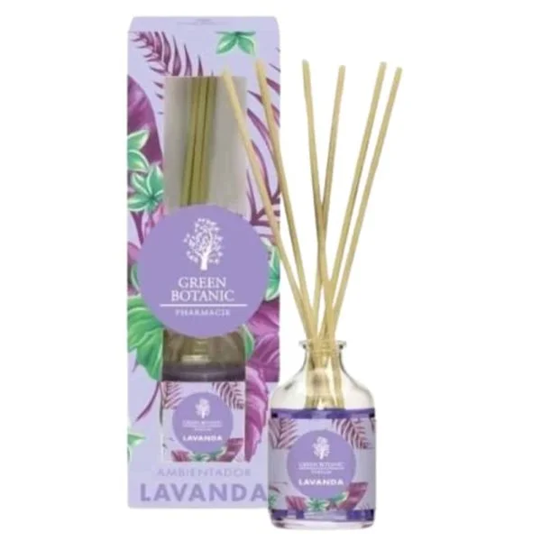 Flacon diffuseur Green Botanic Lavanda, bâtonnets de rotin et étui mauve