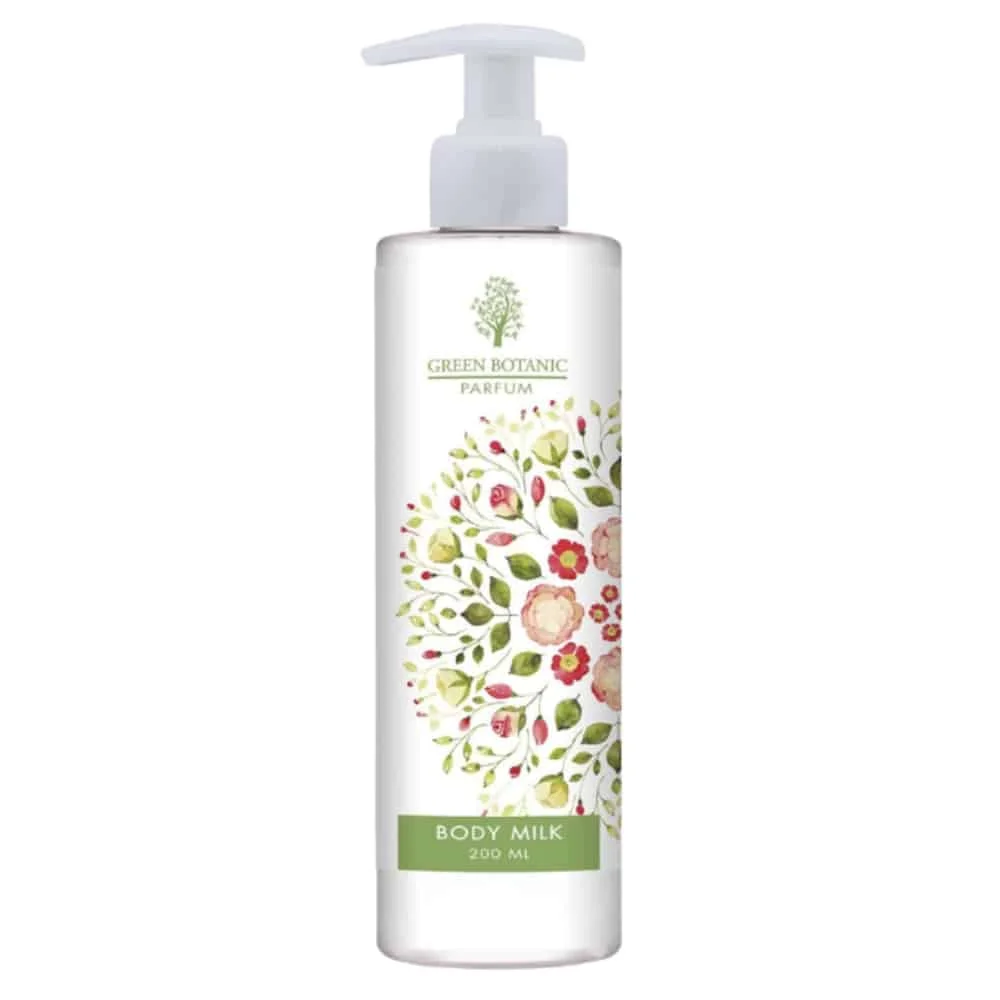 green-botanic-lait-corps-200ml.jpg Flacon pompe Green Botanic Body Milk 200 ml décor floral aquarellé