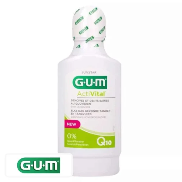 Flacon blanc du bain de bouche GUM ActiVital Q10 sans alcool