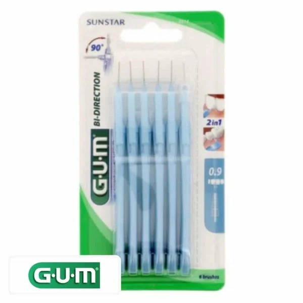 Blister de six brossettes interdentaires GUM Bi-Direction bleues 0,9 mm