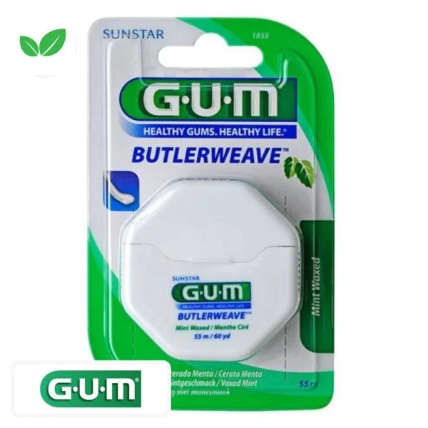 Boîtier blanc de fil dentaire GUM Butlerweave menthe ciré 55 m