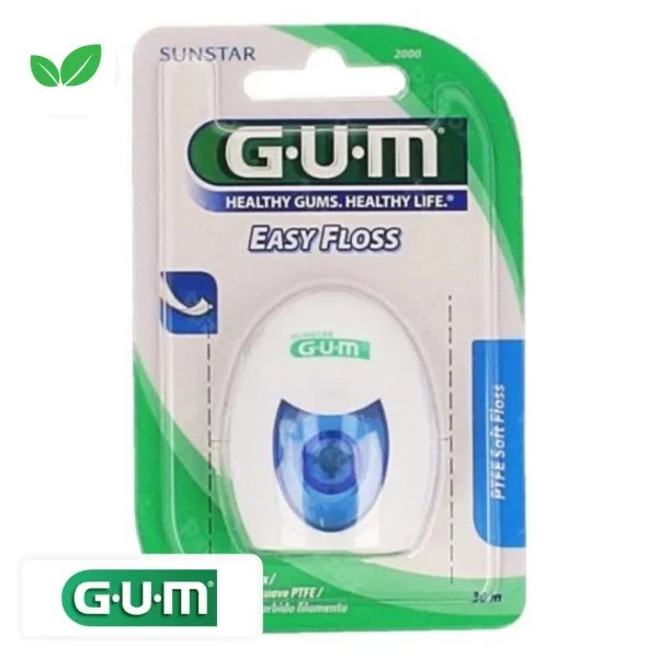 Boîtier blanc et bleu du fil dentaire GUM Easy Floss PTFE