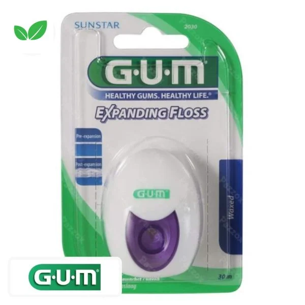Boîtier blanc et violet du fil dentaire GUM Expanding Floss ciré