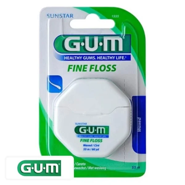 Boîtier blanc octogonal du fil dentaire GUM Fine Floss ciré 55 m