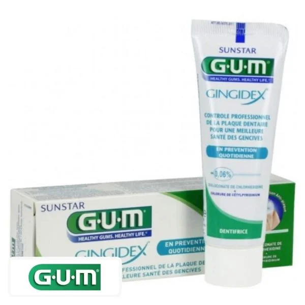 Tube et étui vert du dentifrice GUM Gingidex dosé à 0,06 %