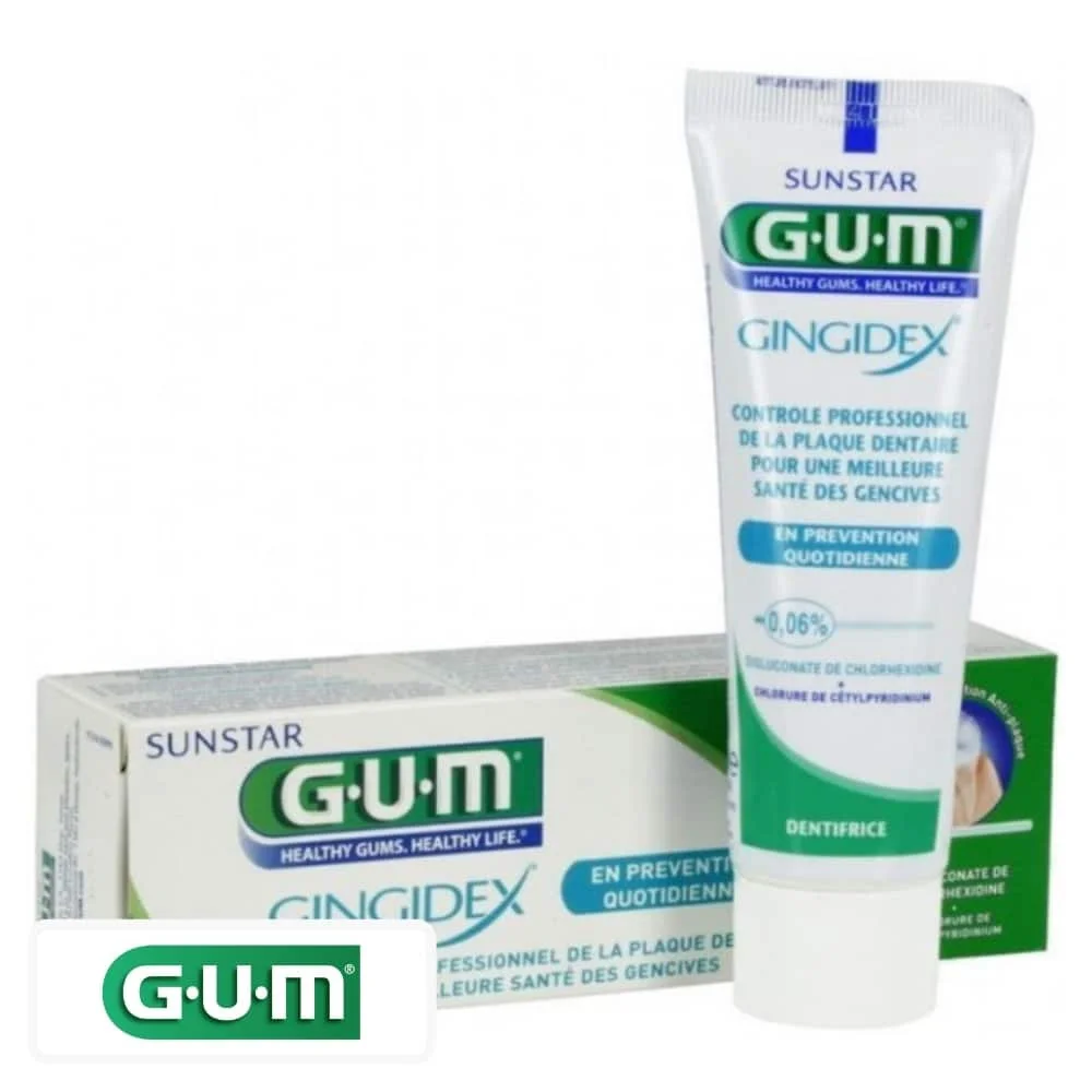 gum-gingidex-dentifrice.jpg Tube et étui vert du dentifrice GUM Gingidex dosé à 0,06 %