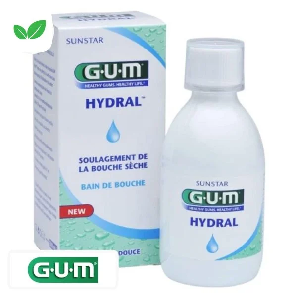Flacon blanc et étui du bain de bouche GUM Hydral bouche sèche