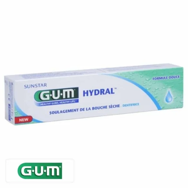 Tube blanc et bleu du dentifrice GUM Hydral bouche sèche