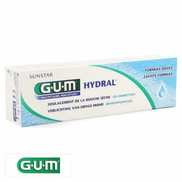 Étui bleu et blanc du gel humectant GUM Hydral bouche sèche