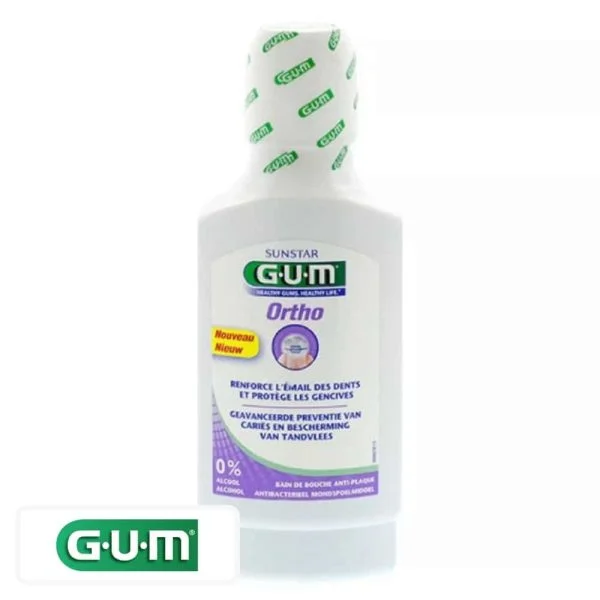 Flacon blanc du bain de bouche GUM Ortho portant la mention 0 % alcool
