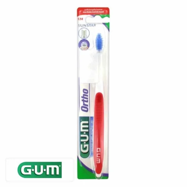 Brosse à dents orthodontique GUM manche rouge brins bleus sous blister