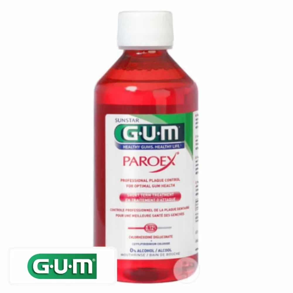 gum-paroex-bain-de-bouche.jpg Flacon rouge GUM Paroex bain de bouche chlorhexidine 0,12 % sans alcool