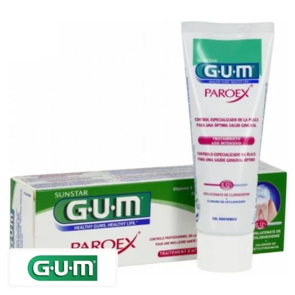 Tube et étui GUM Paroex gel dentifrice chlorhexidine 0,12 % vitamine E
