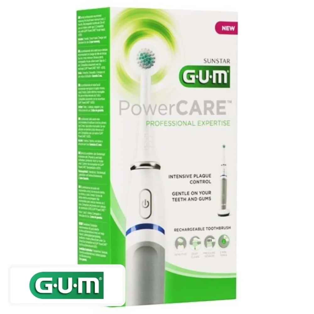 gum-power-care.jpg Boîte GUM PowerCARE brosse à dents électrique rechargeable blanche et verte