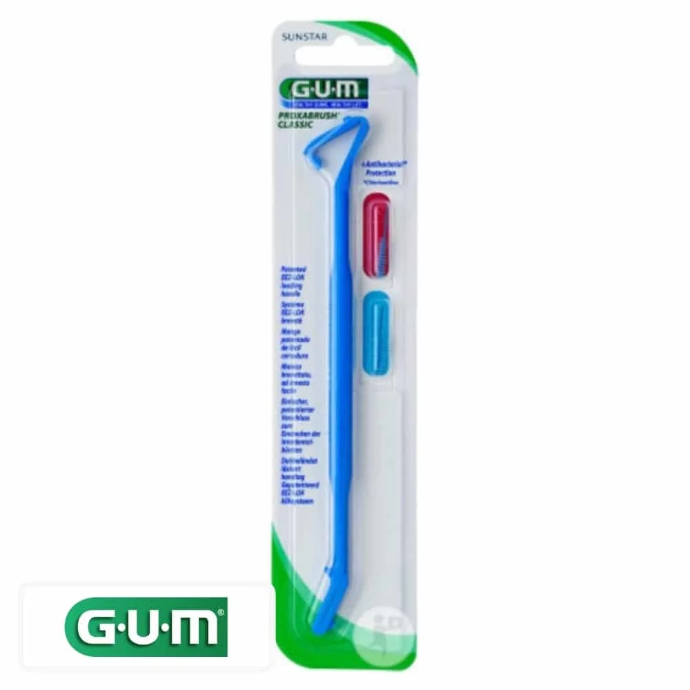 gum-proxabrush-classic-kit-porte-brossettes-2-brossettes-605.jpg Blister GUM Proxabrush Classic manche bleu et deux brossettes interdentaires