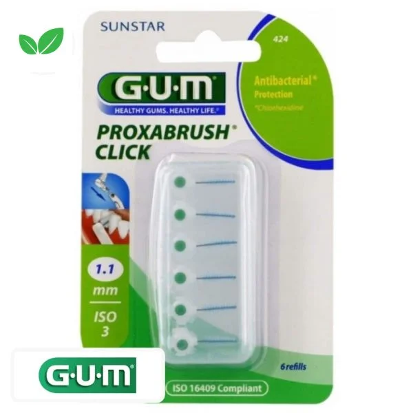 Blister GUM Proxabrush Click 424 six recharges brossettes vertes 1,1 mm