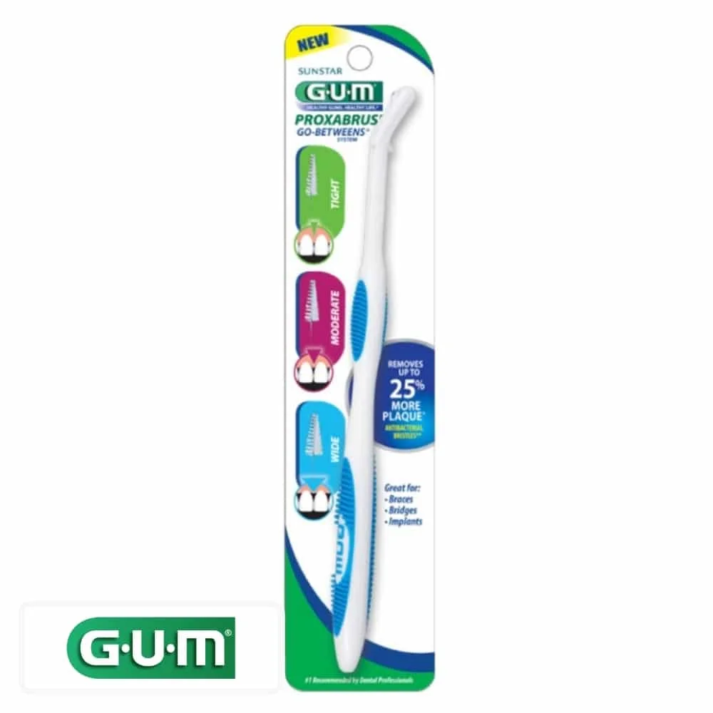 gum-proxabrush-go-betweens-manche-click-kit-625.jpg Blister manche GUM Proxabrush Go-Betweens blanc et bleu à poignée antidérapante