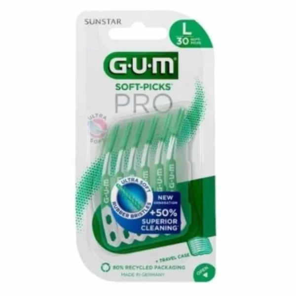 Blister GUM Soft-Picks Pro taille L, 30 bâtonnets verts et étui de transport