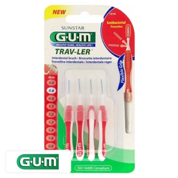 Blister GUM Trav-Ler 1314 avec quatre brossettes interdentaires rouges de 0,8 mm