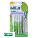 Blister GUM Trav-Ler 1414 avec quatre brossettes interdentaires vertes de 1,1 mm