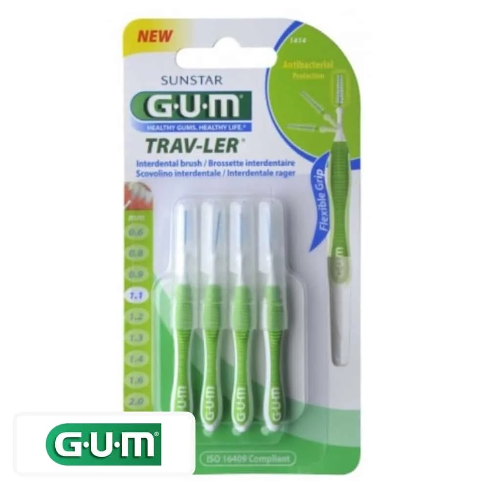 gum-trav-ler-brossettes-interdentaires-1414-11-mm.jpg Blister GUM Trav-Ler 1414 avec quatre brossettes interdentaires vertes de 1,1 mm