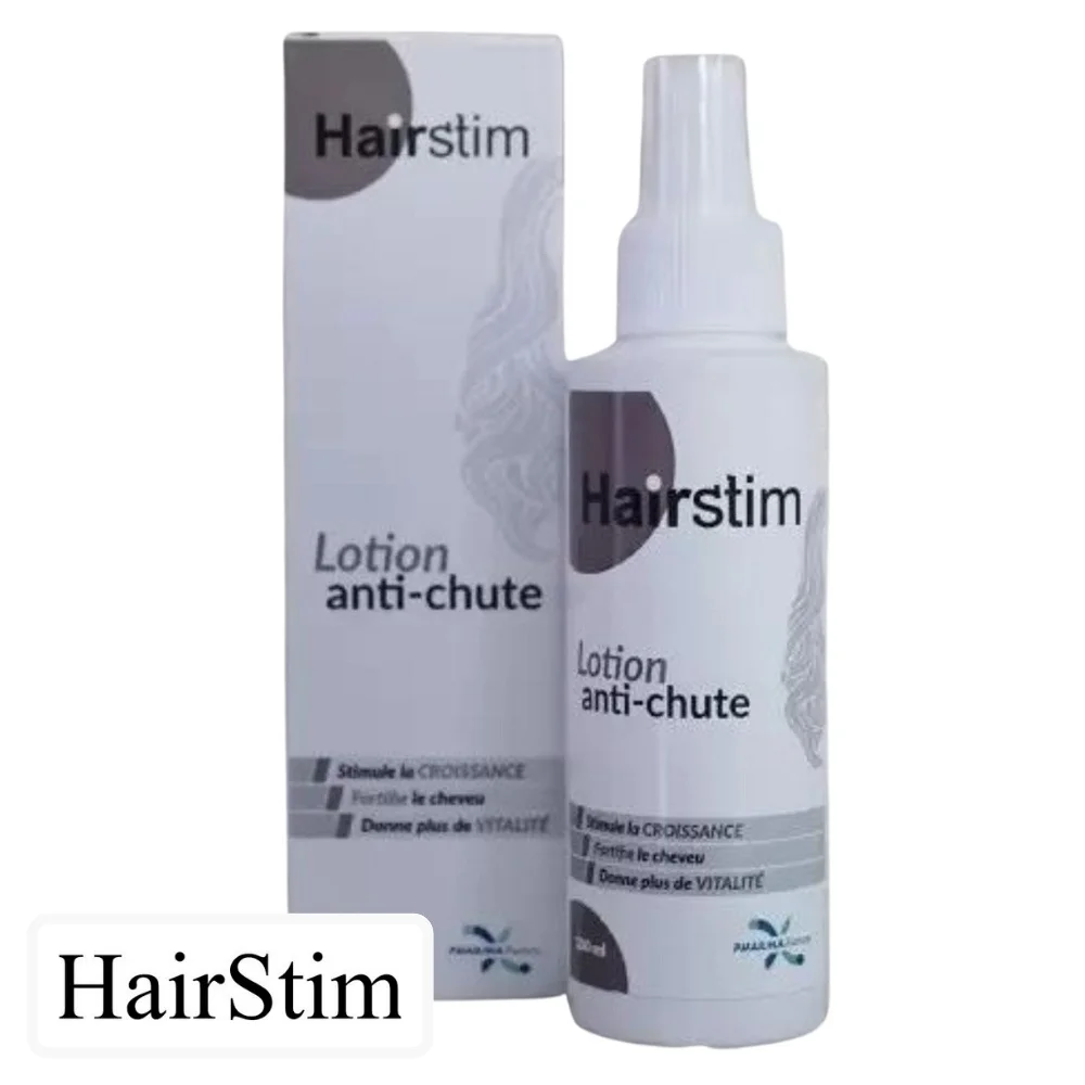 hairstim-lotion-anti-chute-100ml.jpg Flacon spray blanc et étui gris Hairstim lotion anti-chute