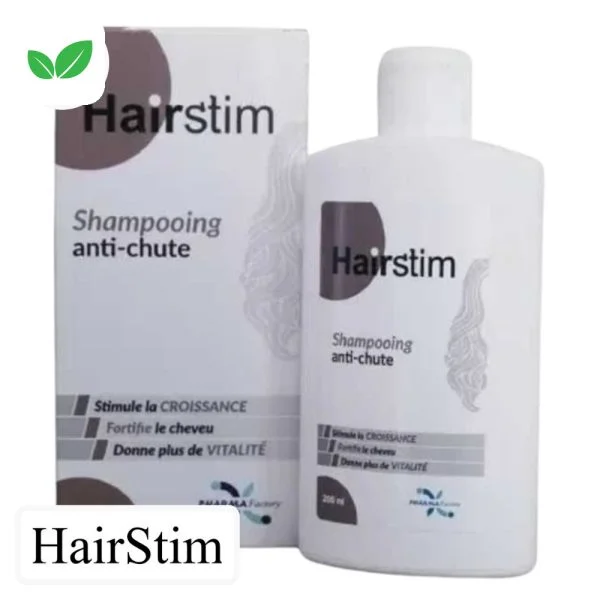 Flacon gris et étui Hairstim shampooing anti-chute 200 ml