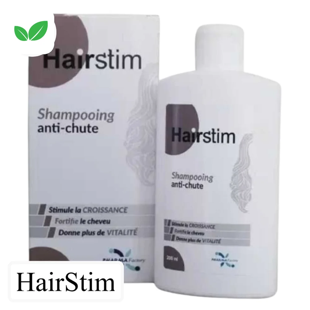 hairstim-shampoing-anti-chute-sans-sulfate-fortifiant-200ml.jpg Flacon gris et étui Hairstim shampooing anti-chute 200 ml