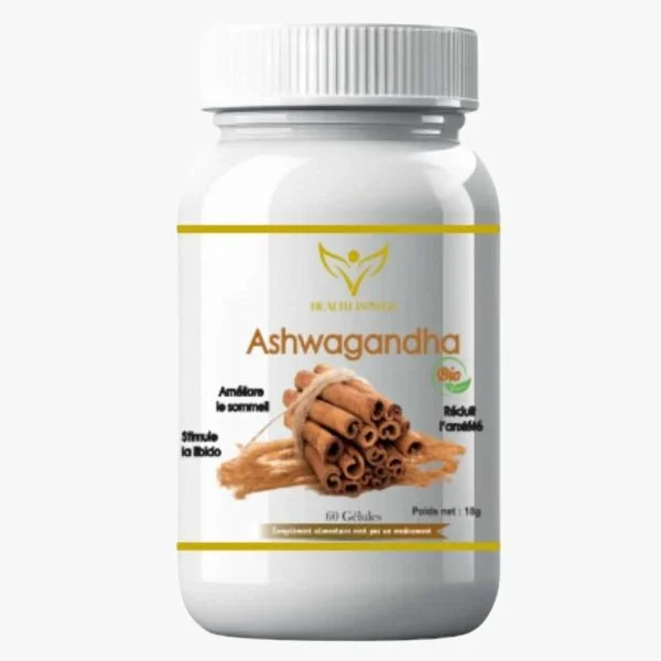 Flacon blanc Health Power Ashwagandha bio, 60 gélules