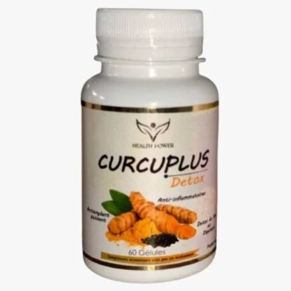 Flacon blanc Health Power Curcuplus Détox, curcuma en racine et poudre