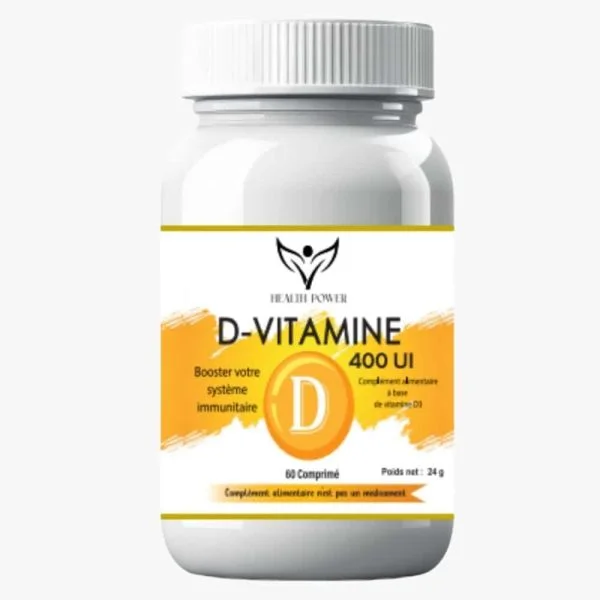 Flacon blanc et orange Health Power D-Vitamine 400 UI, 60 comprimés
