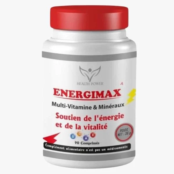 Flacon blanc à bouchon rouge Health Power Energimax, 90 comprimés