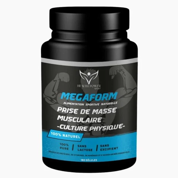Pot noir Health Power Megaform, étiquette bleue, 180 gélules prise de masse
