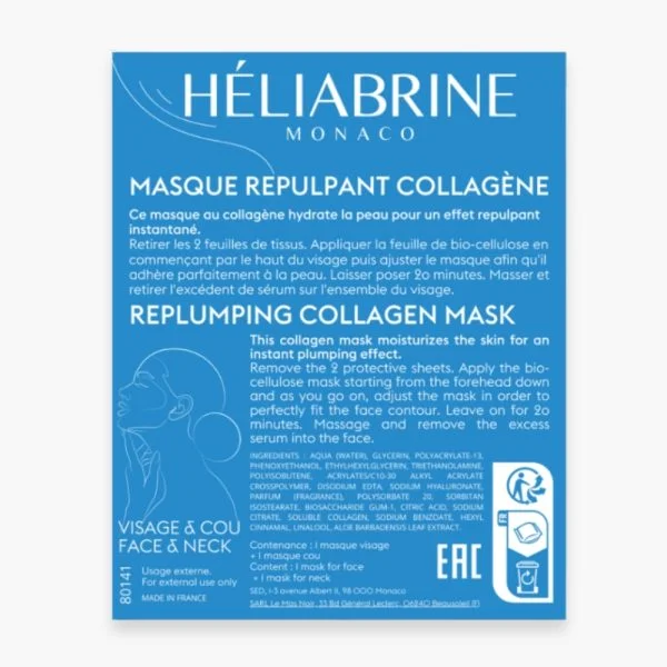 Étui bleu Héliabrine masque repulpant collagène bio-cellulose visage et cou