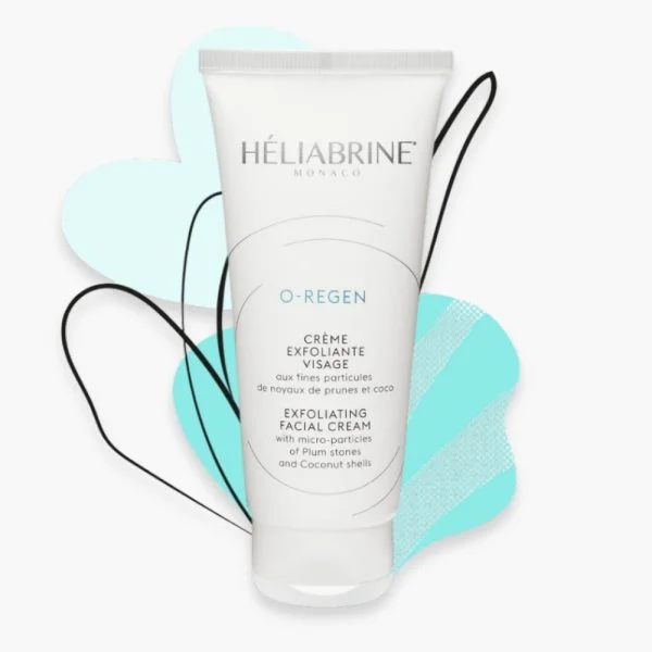 Tube blanc Héliabrine O-Regen crème exfoliante visage 75 ml, fond turquoise